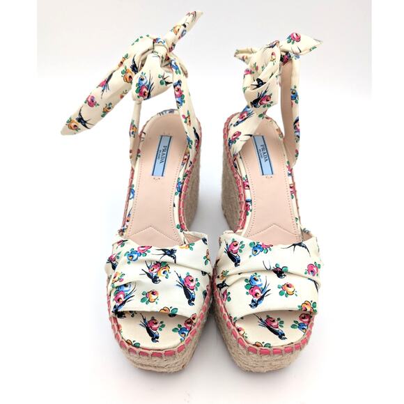 Prada Floral Wedge Espadrille Platform Sandals Self-Tie Accent Size US7.5 EU37.5 - Picture 4 of 13
